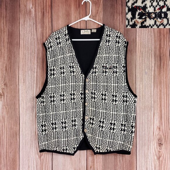 Vintage 90s Izod Golf Mens XL Cotton Knit Vest Geometric 5 Button Ivory Black - Picture 1 of 11